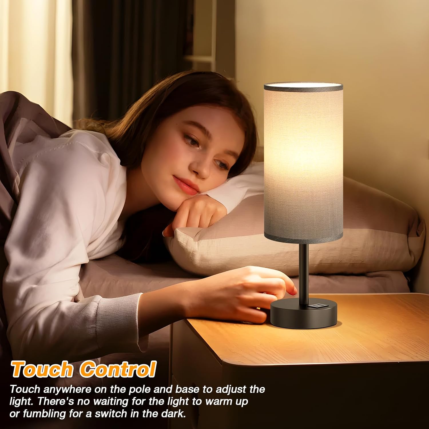 Dicoool Small Touch Bedside Lamp with USB - 3 Way Dimmable Grey Table Lamp for Bedroom, Nightstand Lamp with Charging Station for Desk…