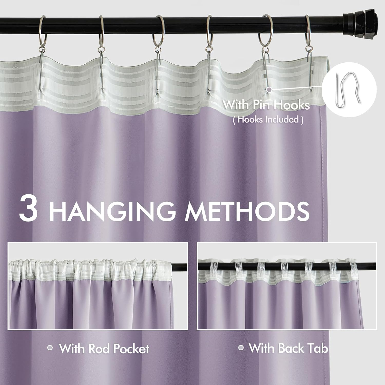 Miulee Lilac Back Tab Blackout Curtains 102 Inch Long 2 Panels Set for Bedroom, Rod Pocket/Pinch Pleated Thermal Insulated Living Room Dark…