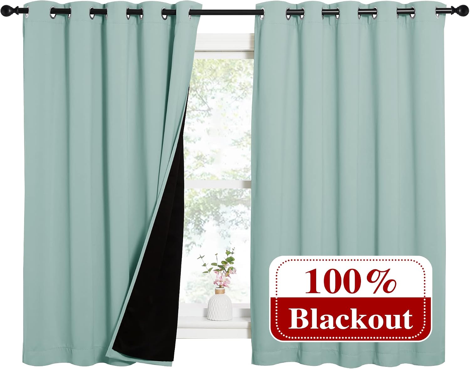 Nicetown Aqua Blue 100% Blackout Lined Curtains, 2 Thick Layers Completely Blackout Window Treatment Thermal Insulated Drapes for Kitchen/B…