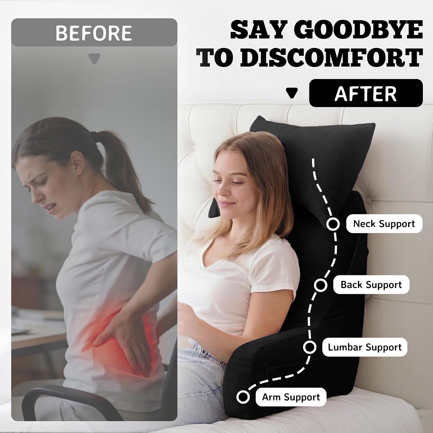 Unisakey Portable Reading Pillows with Headrest for Bed Sitting Up(Brown Oeko-Tex), Velvet Back Pillow with Arms & Pockets for Adults…