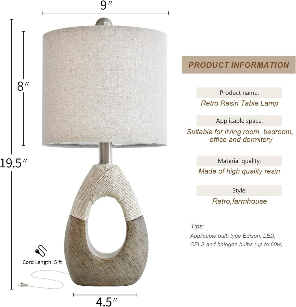 OYEARS 19” Boho Table Lamps Bedroom Living Room Set 2, Suitable for Small Space, Small Farmhouse RattanTable Lamp Rustic Egg Design Resin…
