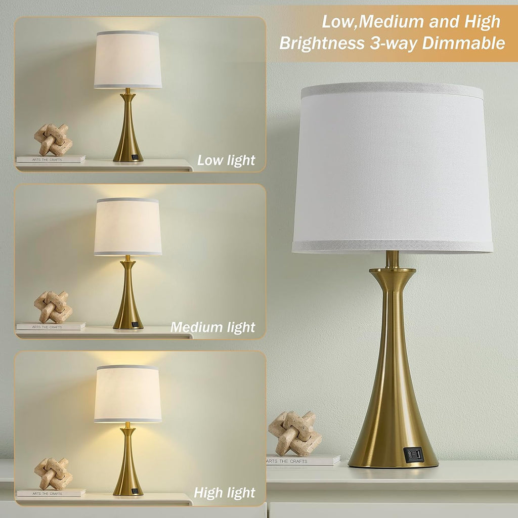 Touch Lamp for Living Room Bedroom, 21" Table Lamps Set of 2 with USB C+A Ports and White Lamp Shades, 3 Way Dimmable Gold Touch Bedside…