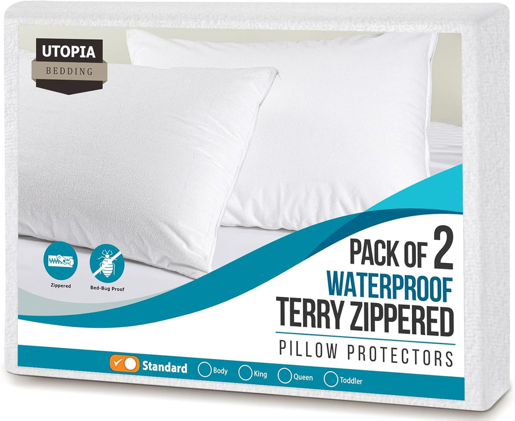 Utopiabedding Utopia Bedding Set of 2 Waterproof Pillow Protectors with Zipper Standard Size, Terry Pillow Covers, Bed Bug and Dust Mite Pr…