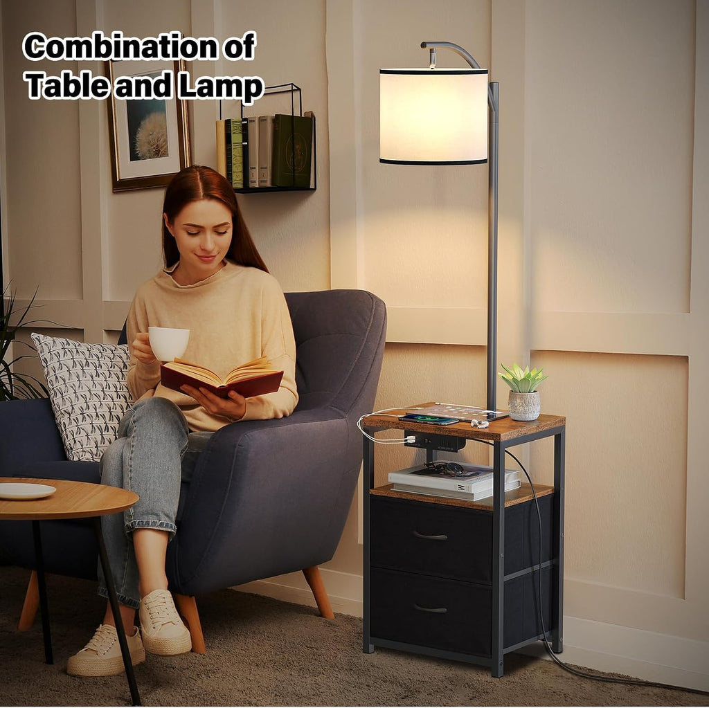 SUNMORY Floor Lamp with Table & 2 Drawers, Lamp with USB Port and Outlet, Nightstand with 3 Color Temperature Led Bulb Included, Floor…