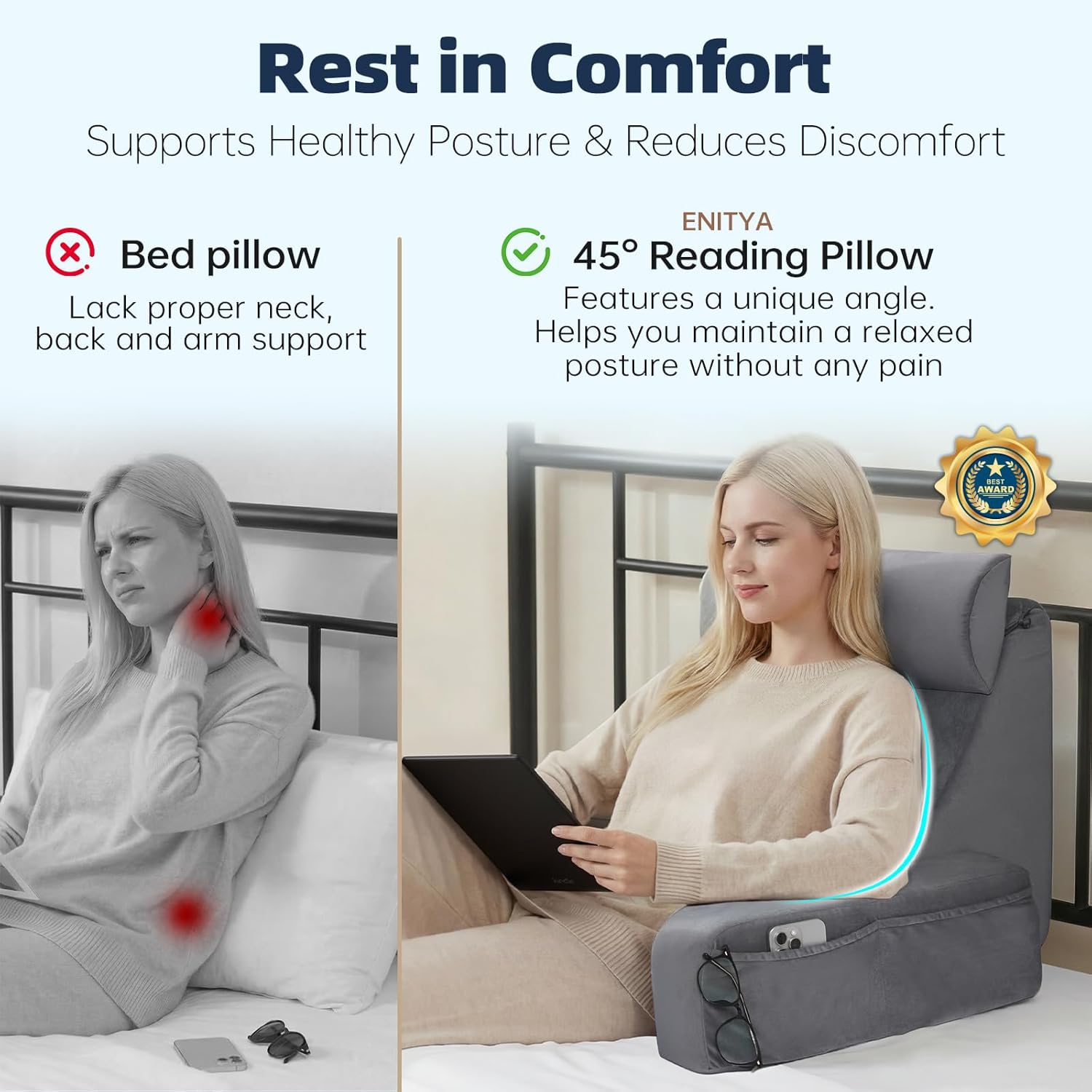 ENITYA 19" Back Support Pillow, Reading Pillow with Attached Arms & Large Pockets, Removable Washable Cover, Wedge for…