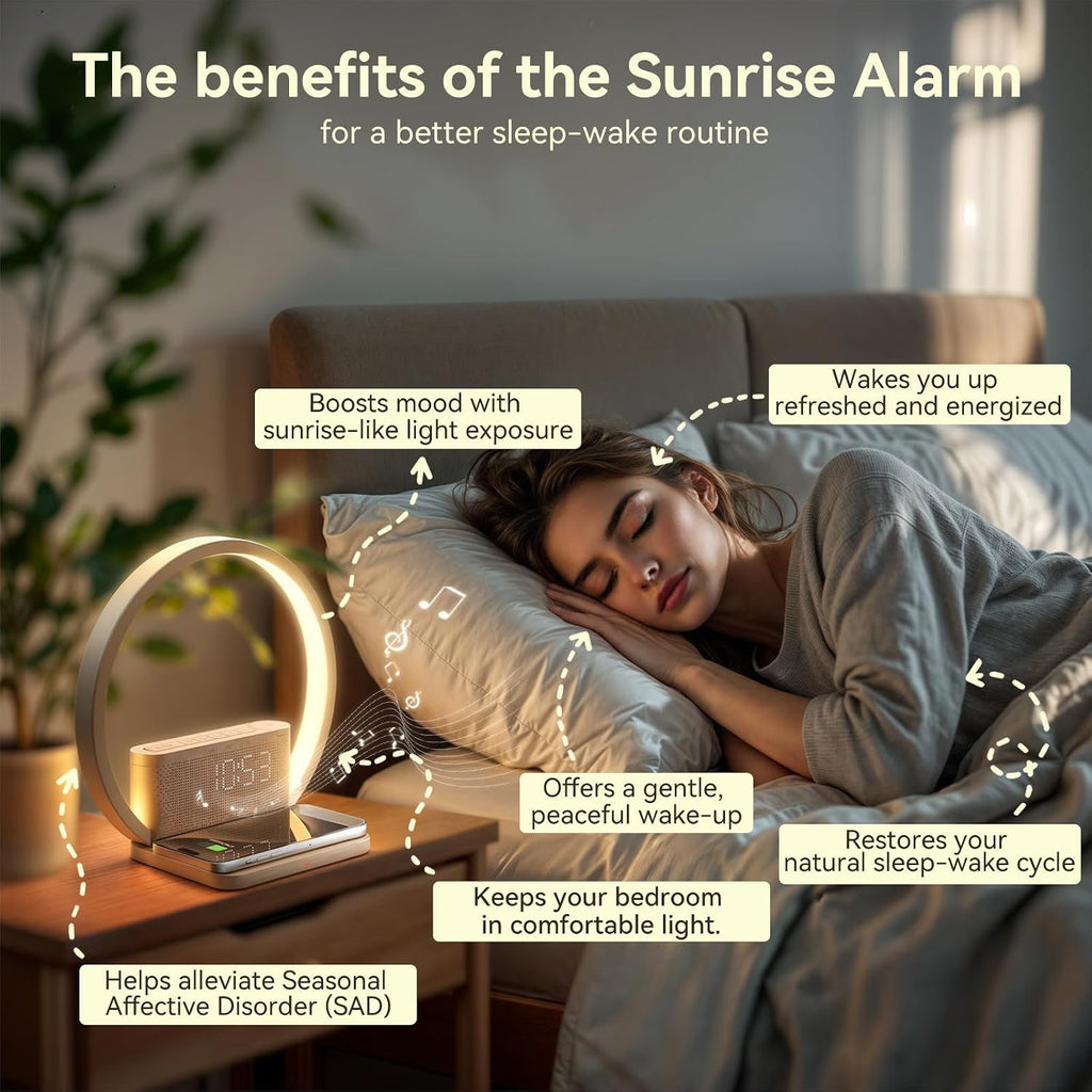 Vivilumens Sunrise Alarm Clock Wireless Charger, 10 White Noise Sound Machine Alarm Clock with 30/60/90 Mins Timer, 3 Levels Touch Night…