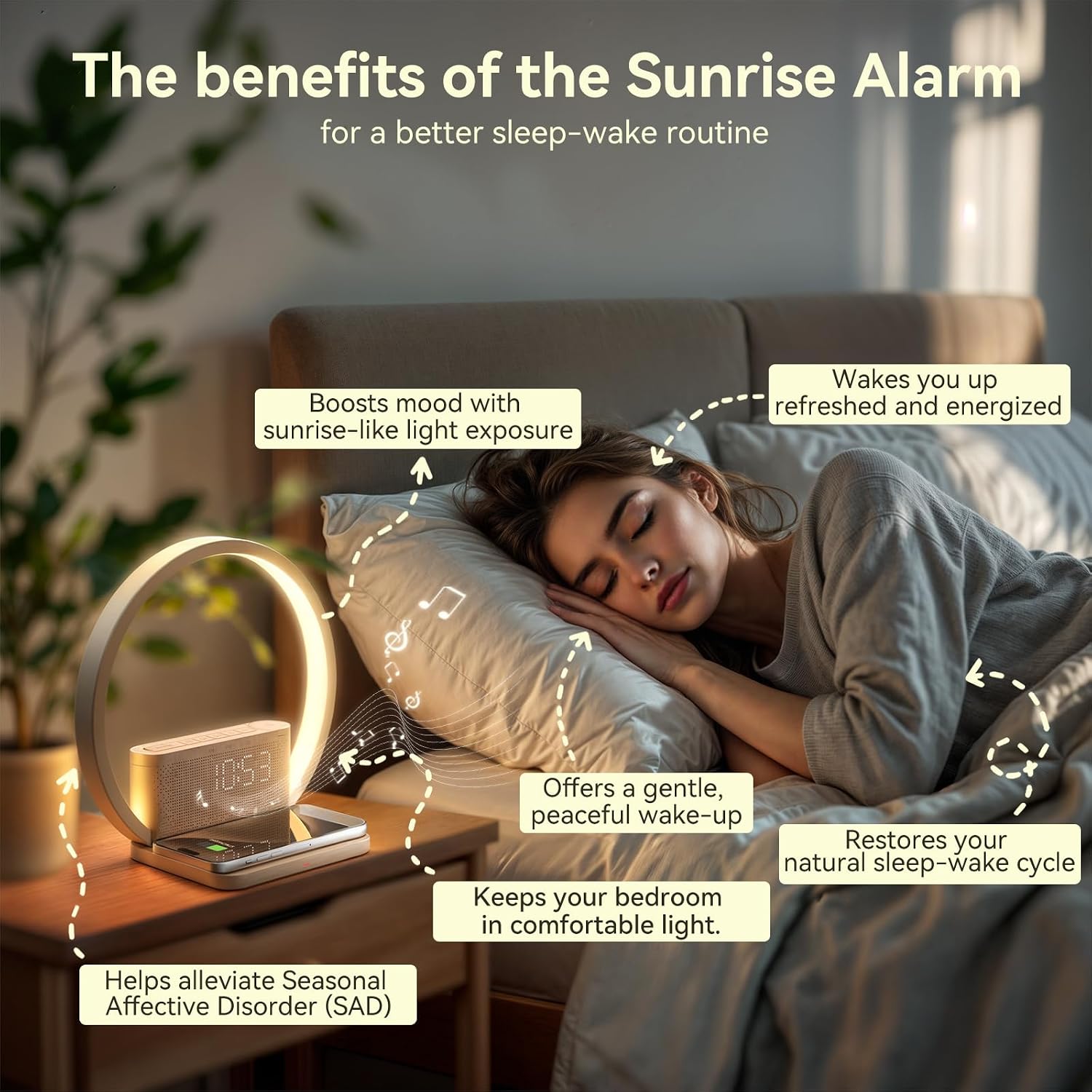 Vivilumens Sunrise Alarm Clock Wireless Charger, 10 White Noise Sound Machine Alarm Clock with 30/60/90 Mins Timer, 3 Levels Touch Night…