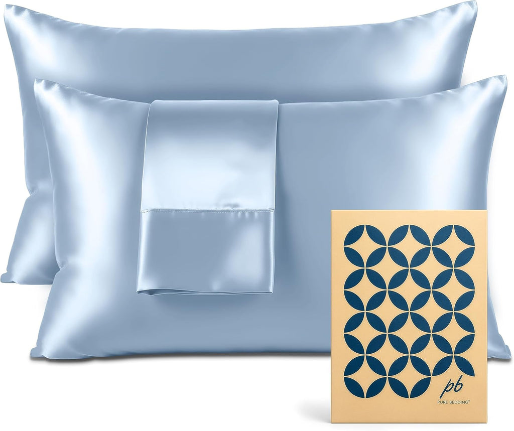 Pure Bedding Satin Pillowcase 2 Pack - Queen Size (20"x30", Baby Blue) - Silky Pillow Cases for Hair and Skin - Satin Pillow Covers with…