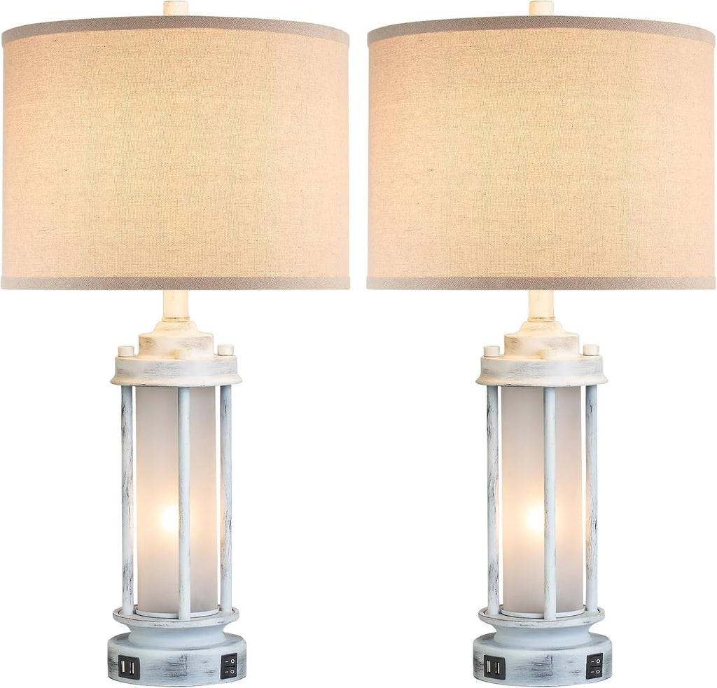 AIEAMPDO 25" Rustic Table Lamps Set of 2, Vintage Nightstand Lamps with 2 USB Ports, Farmhouse Antique White Desk Lamp with Glass Night…