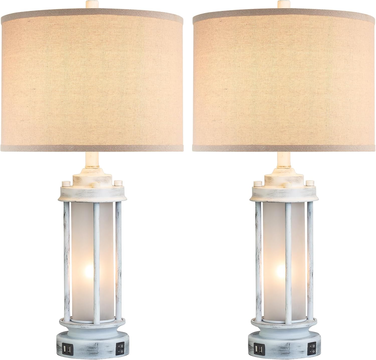 AIEAMPDO 25" Rustic Table Lamps Set of 2, Vintage Nightstand Lamps with 2 USB Ports, Farmhouse Antique White Desk Lamp with Glass Night…
