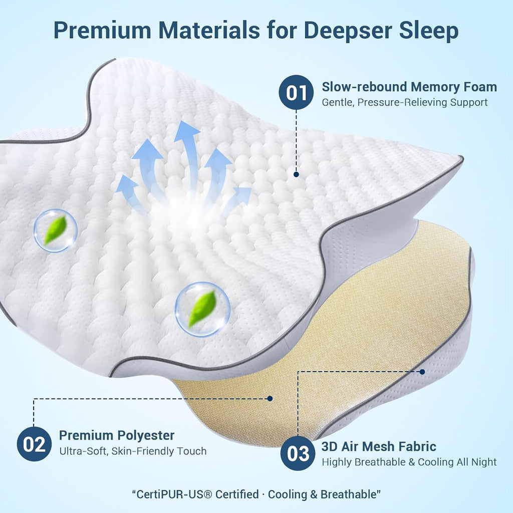AZBestPro Memory Foam Cervical Pillow for Neck Support &, Butterfly Ergonomic Design – 24×15.75×5.7 Inches, Removable 100% Polyester Pillo…