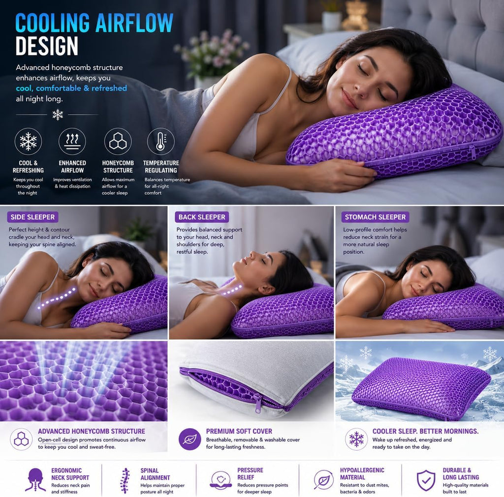 Cooling Gel Memory Foam Pillow for Neck & Shoulder Support | Breathable Honeycomb Design | Soft Ergonomic Bed Pillow for Side & Back…
