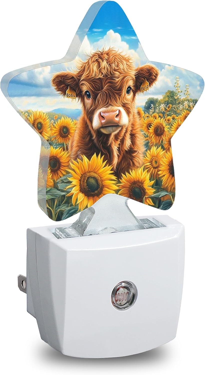 Highland Cow Star Night Light Plug in, Decorative Night Light for Kids Room Nursery Bedroom, Soft Glow Sensor Lamp for Hallway Bathroom…
