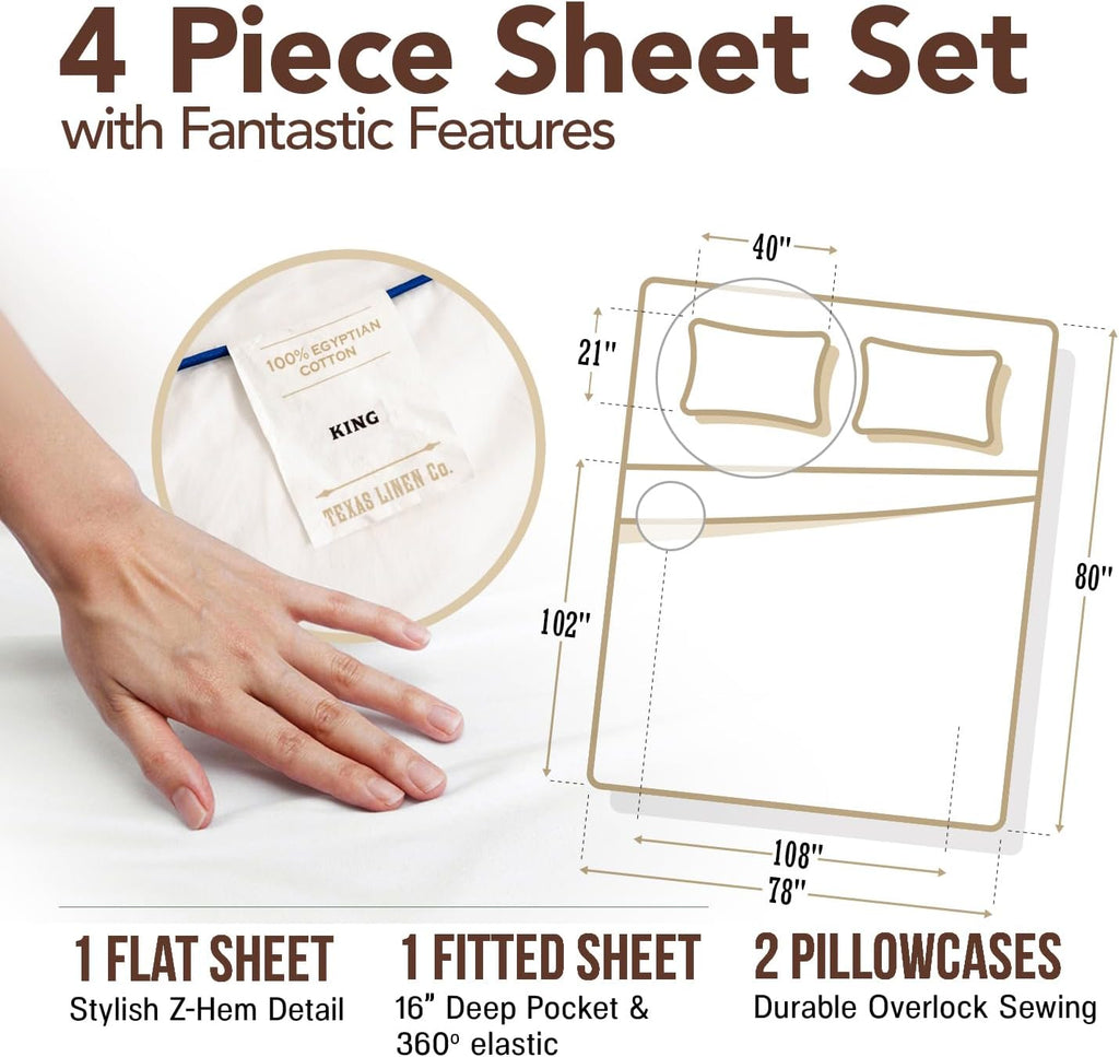 TEXAS LINEN CO. Egyptian Cotton King Size Sheets Set – 300 Series King Sheet Set (4 PC, White), Soft & Durable, Cooling, 16" Deep Pocket…