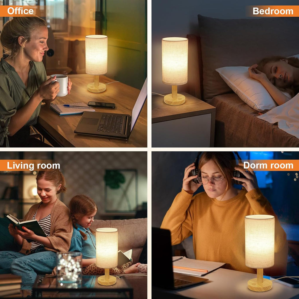 Small Touch Table Lamp with Stepless Dimming&USB Plug, Natural Round Wood Base&Linen Fabric Shade |Soft Ambient Warm Night…