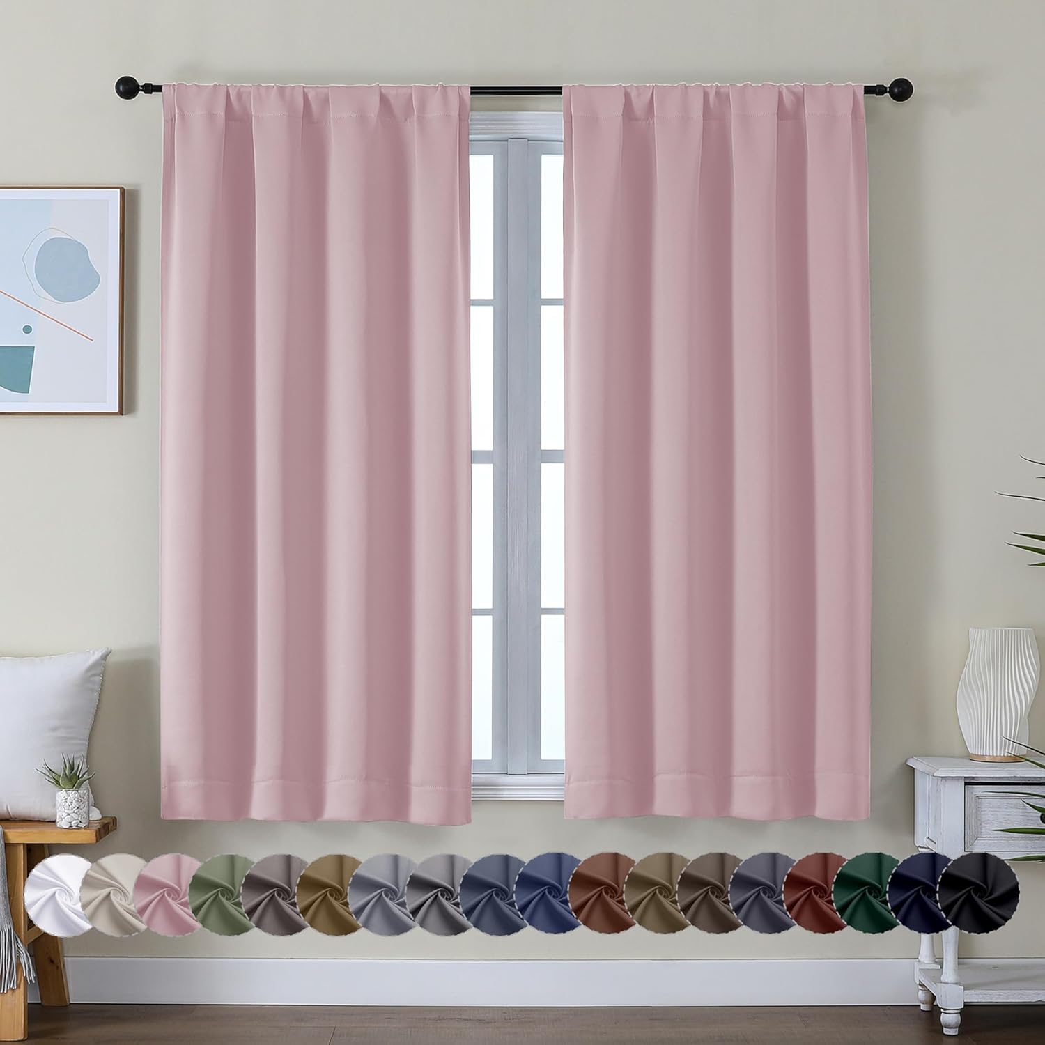 Simplebrand Ava Blush Short Blackout Curtains for Bedroom 45 Inches Long 2 Panels Set, Solid Thermal Insulated, Energy Saving Window Treatm…