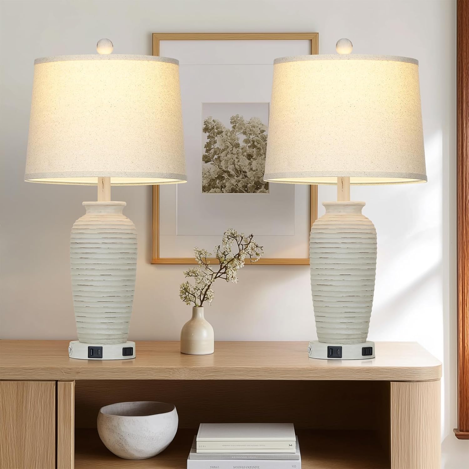 CINSARY 25" Retro White Farmhouse Jar Table Lamps Set of 2, 3 Way Touch Control Rustic Bedside Lamps with USB A+C Ports & AC Outlet, Pot…