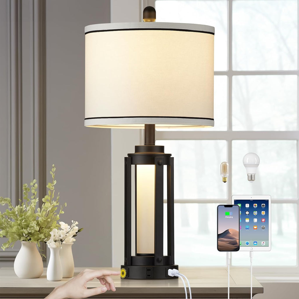 26" Modern Table Lamp with USB A+C Charging Ports & AC Outlet, Industrial Beside Contemporary Lamp Glass LED Night Light for Living Room…