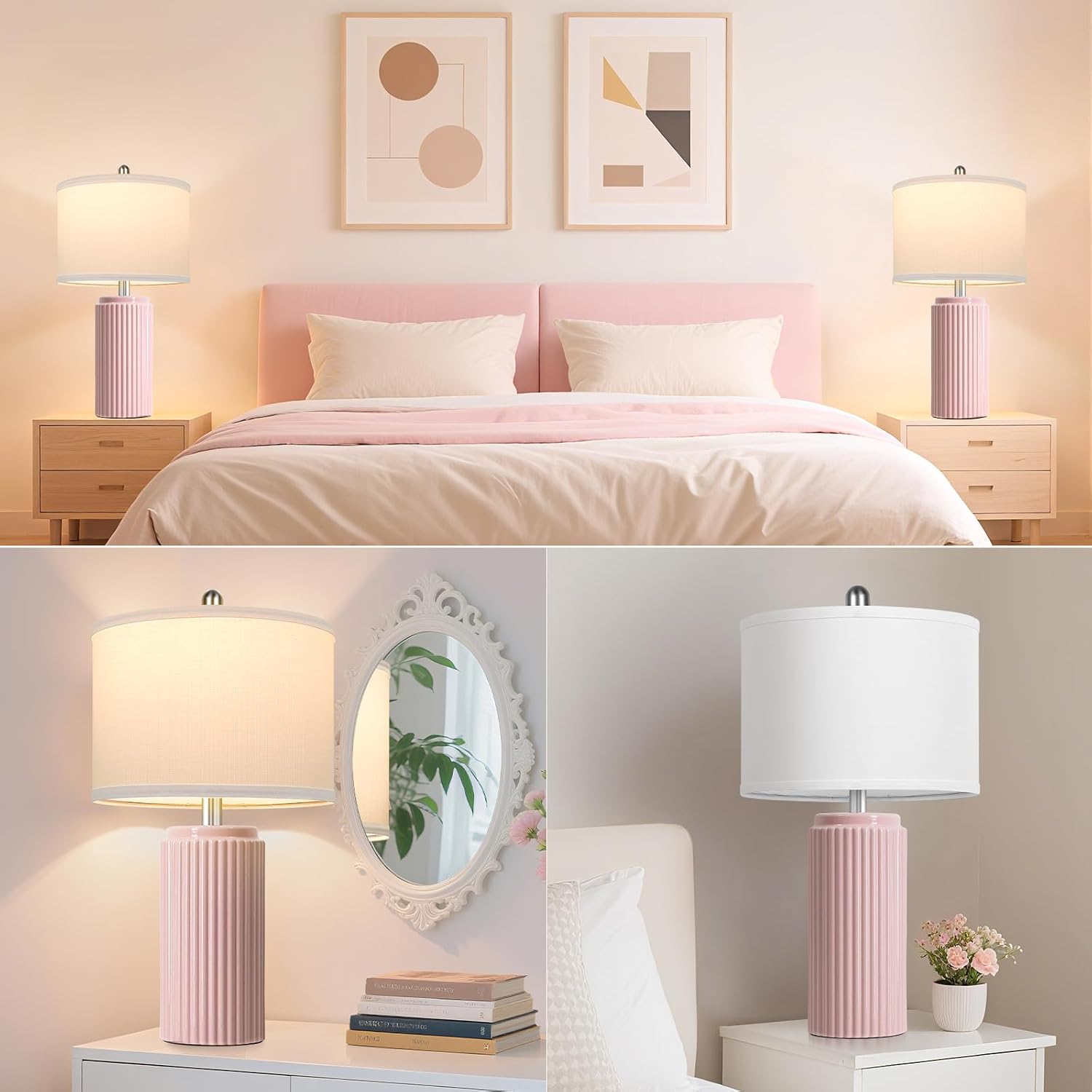 Tobusa 23.5’’ Modern Pink Table Lamps Set of 2 for Living Room, Ceramic Bedside Lamps with White Linen Shade for Girls Room, Rustic Nightst…