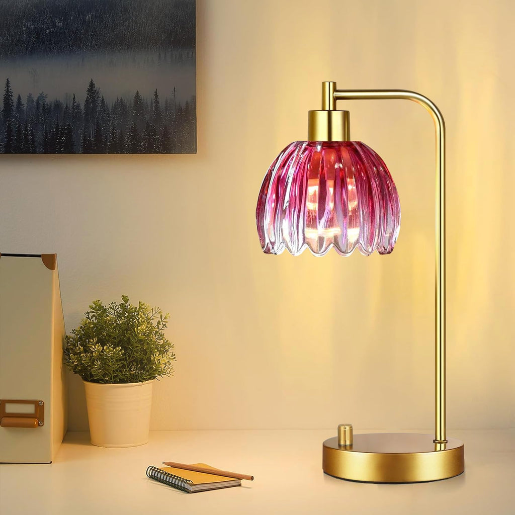 ILLMTW Pink Table Lamp Set of 2, Small Gold Bedside Lamps Dimmable Boho Bedroom Lamp with Tulip Flower Glass Lamp Shade, Vintage Mid…