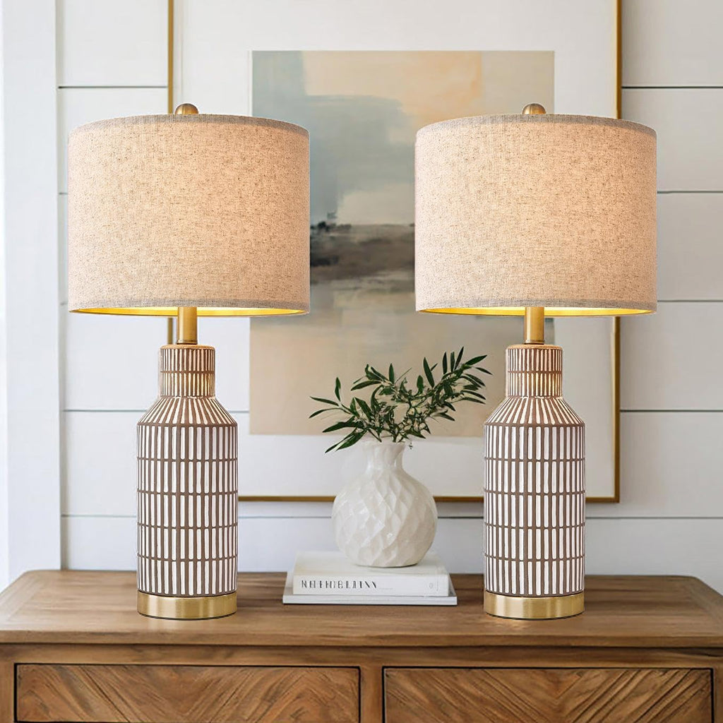 USumkky 25" Table Lamps Set of 2, Modern Ceramic Bedside Lamps - Farmhouse Brown Nightstand Lamps for Bedroom, Boho Living Room End Table…