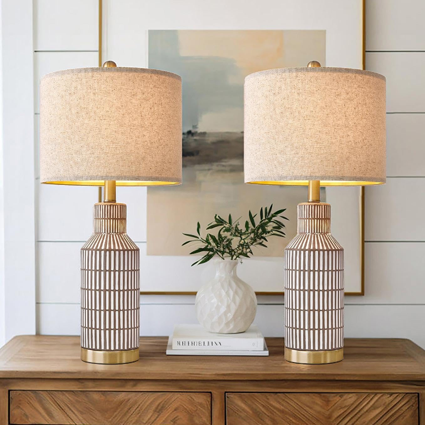 USumkky 25" Table Lamps Set of 2, Modern Ceramic Bedside Lamps - Farmhouse Brown Nightstand Lamps for Bedroom, Boho Living Room End Table…
