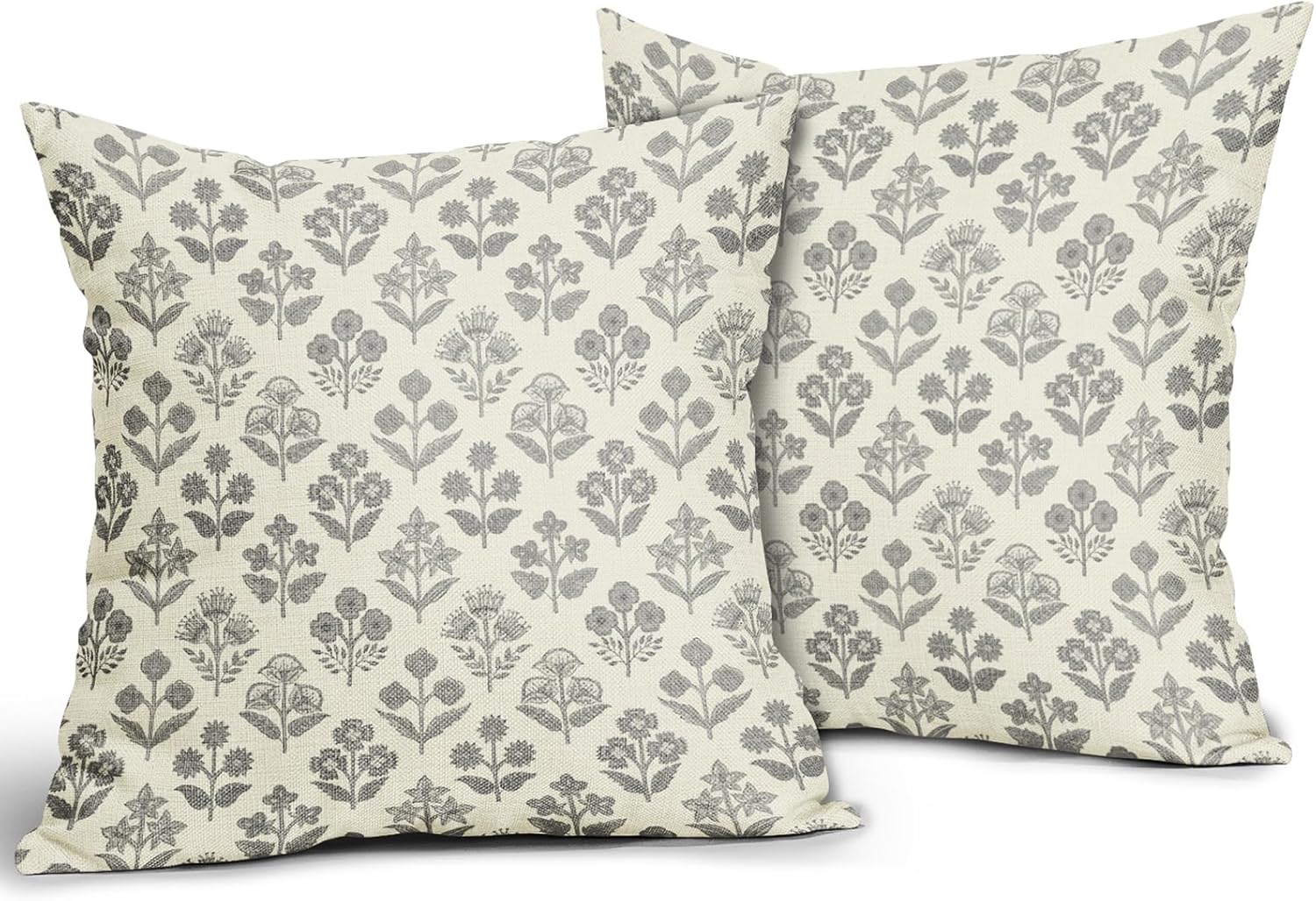 Grey Gray Floral Pillow Covers 18x18 Inch Set of 2, Vintage Flower Block Print Pattern Decorative Throw Pillowcases Outdoor Farmhouse…