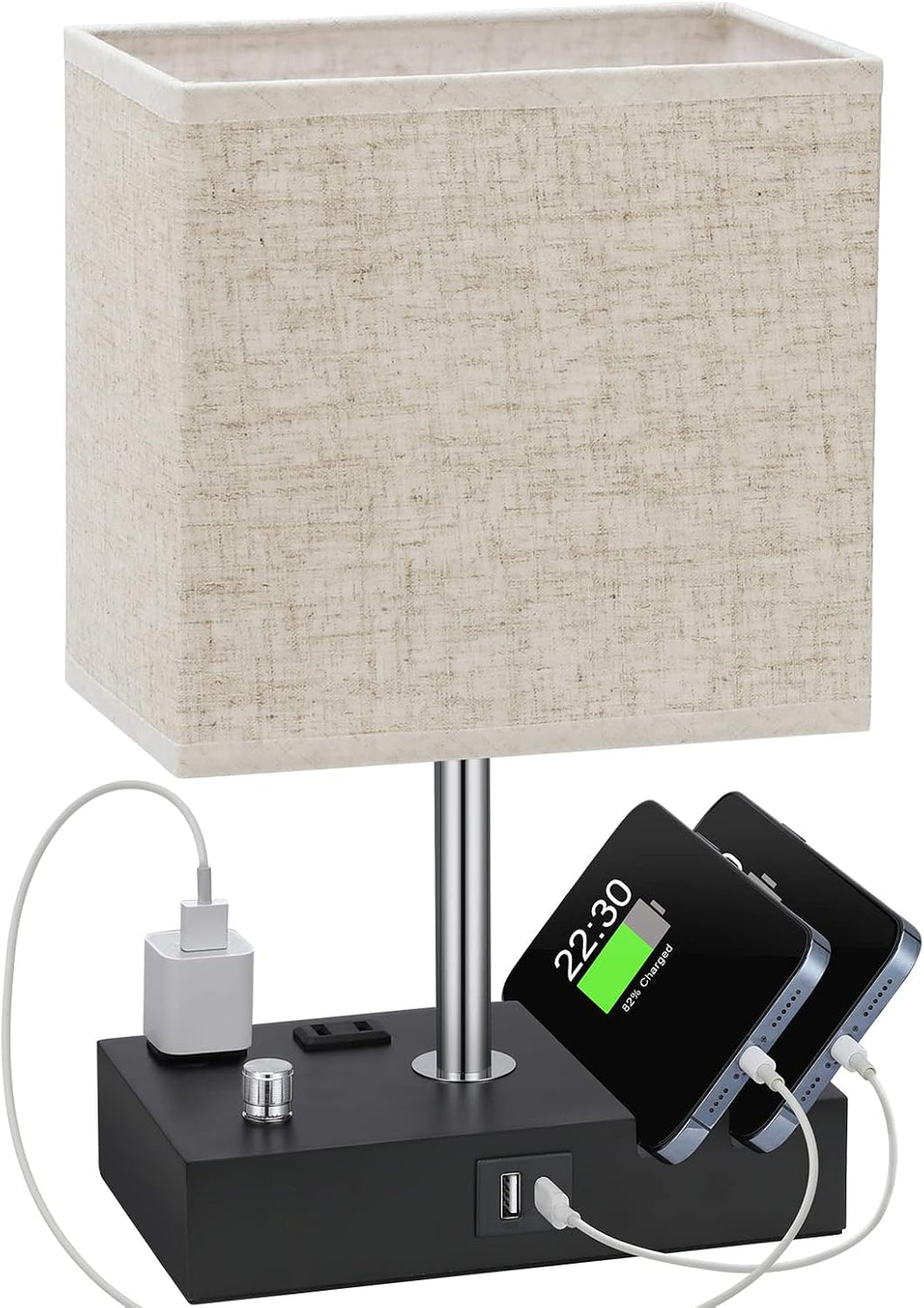 Kakanuo Table Lamp for Bedroom with Dual USB Ports, Beige Fully Dimmable Bedside Lamp with Phone Stands and 2 Charging Outlets, Desk Lamp…