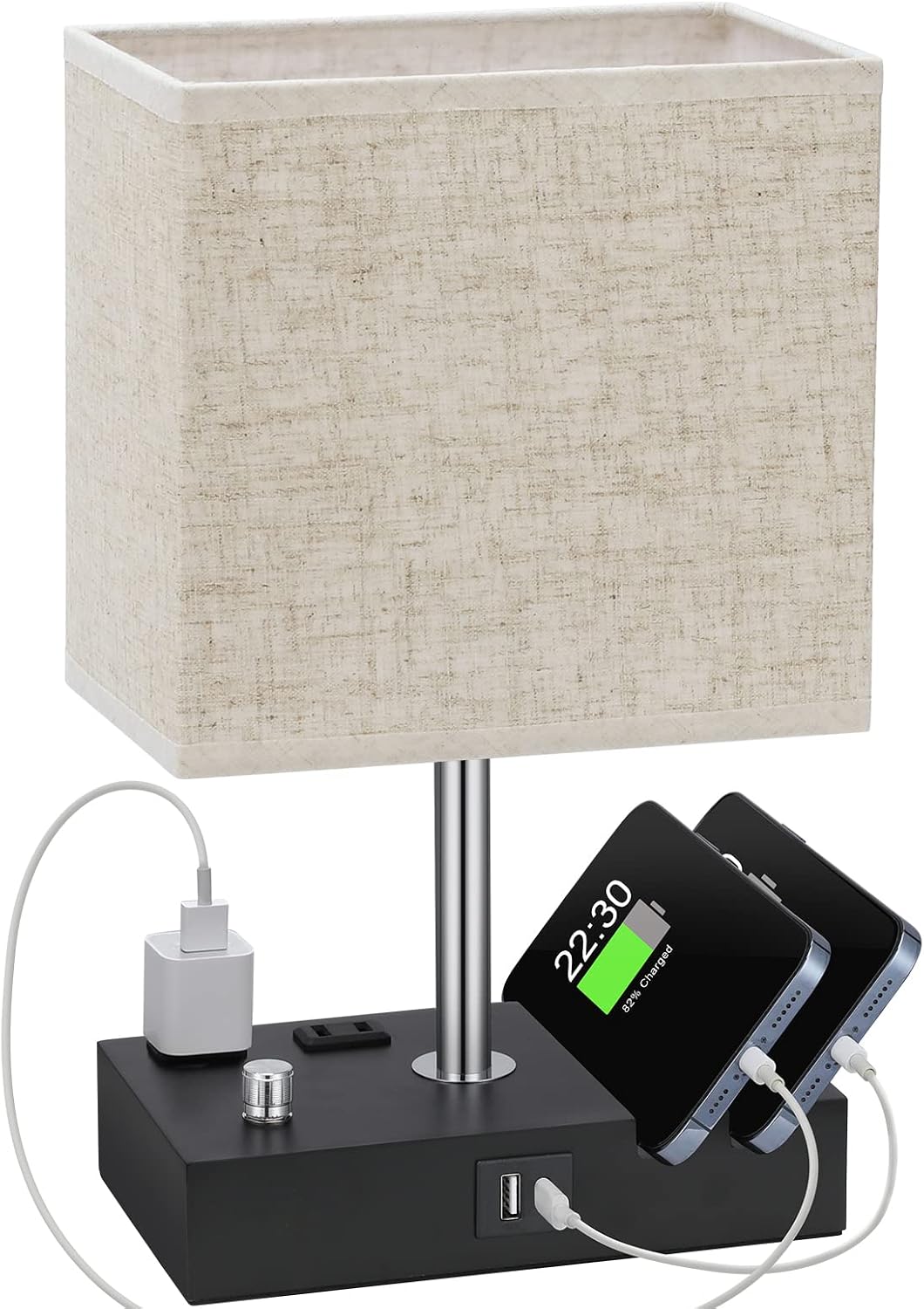 Kakanuo Table Lamp for Bedroom with Dual USB Ports, Beige Fully Dimmable Bedside Lamp with Phone Stands and 2 Charging Outlets, Desk Lamp…