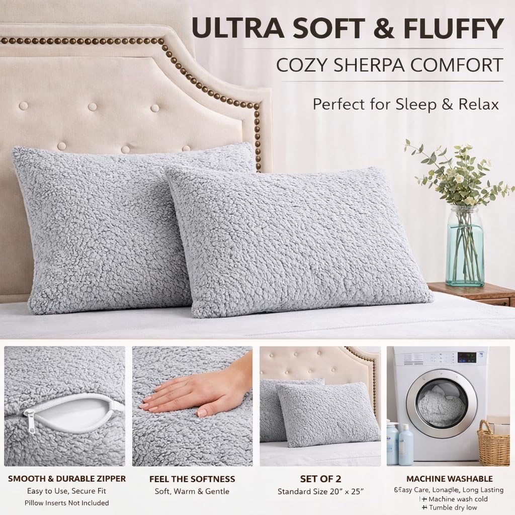 Reafort Ultra Soft Sherpa Pillowcases Set of 2 – Fluffy Cozy Fleece Standard 20" x 26", Warm Plush Covers with Smooth Zipper, Machine Washa…