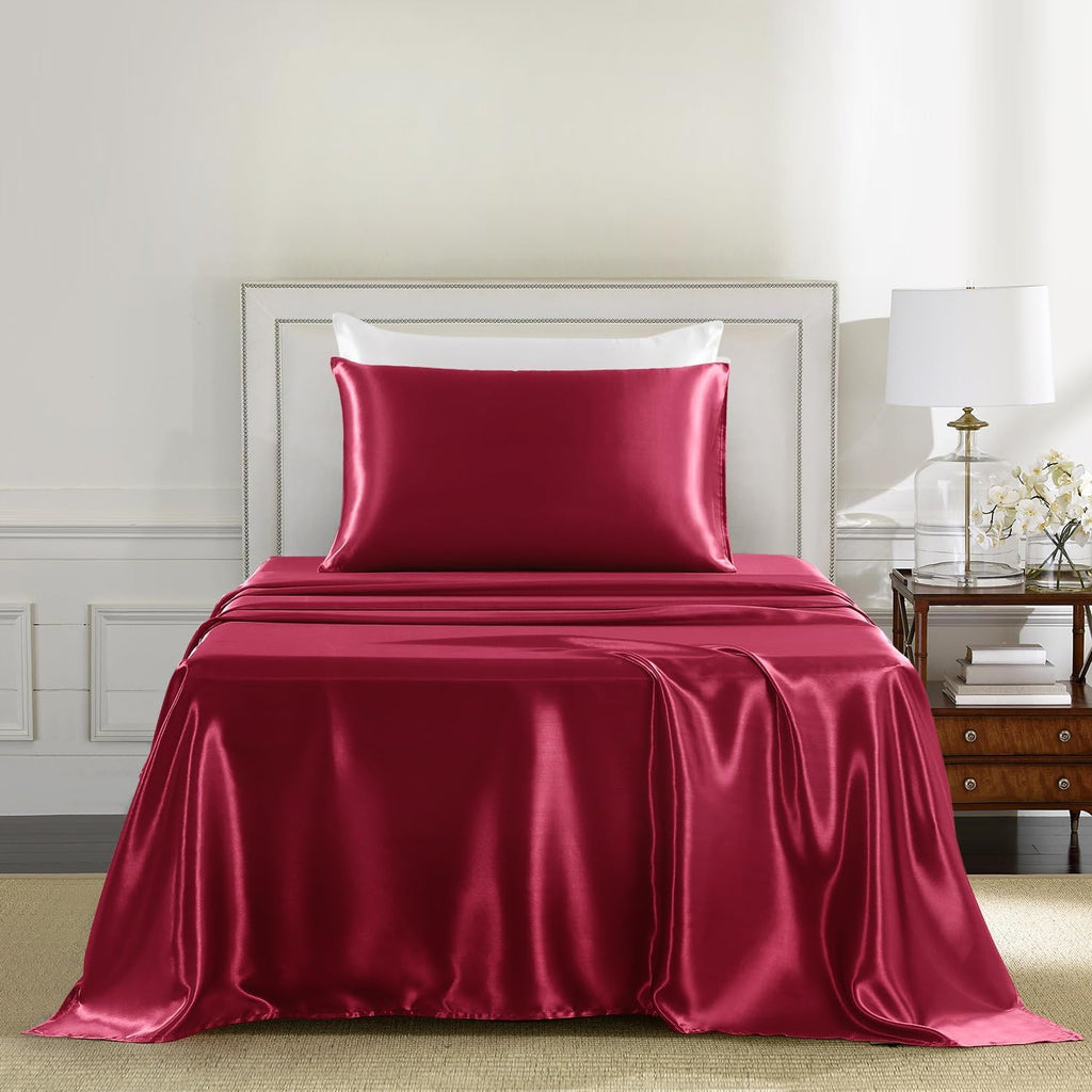 Golal Satin Sheets Twin Size - 3 Pieces Luxury Silky Soft Bed Sheets for Kids, Wrinkle-Free Burgundy Satin Silk Sheet Set with 1 Deep Pocke…