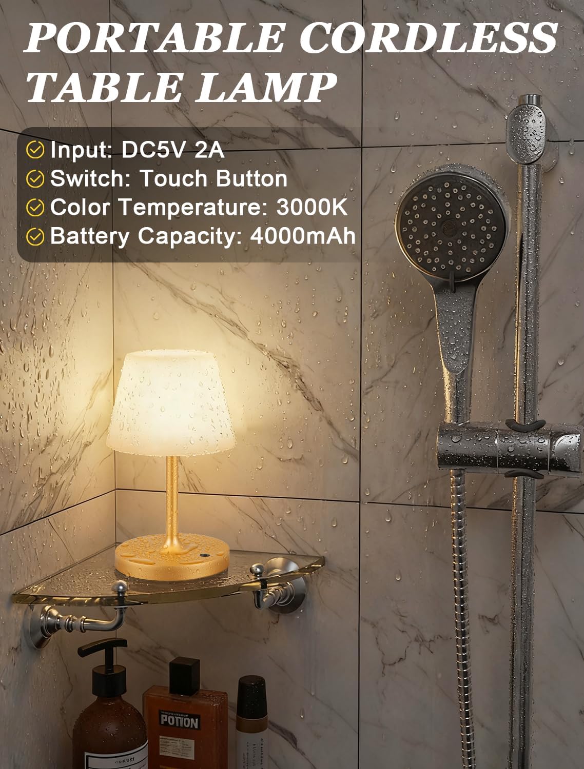 Kakanuo Gold Cordless Shower Lamp Waterproof, Rechargeable Cordless Lamp with 4000mAh Battery, Touch Dimmable Table Lamp for Outdoor…