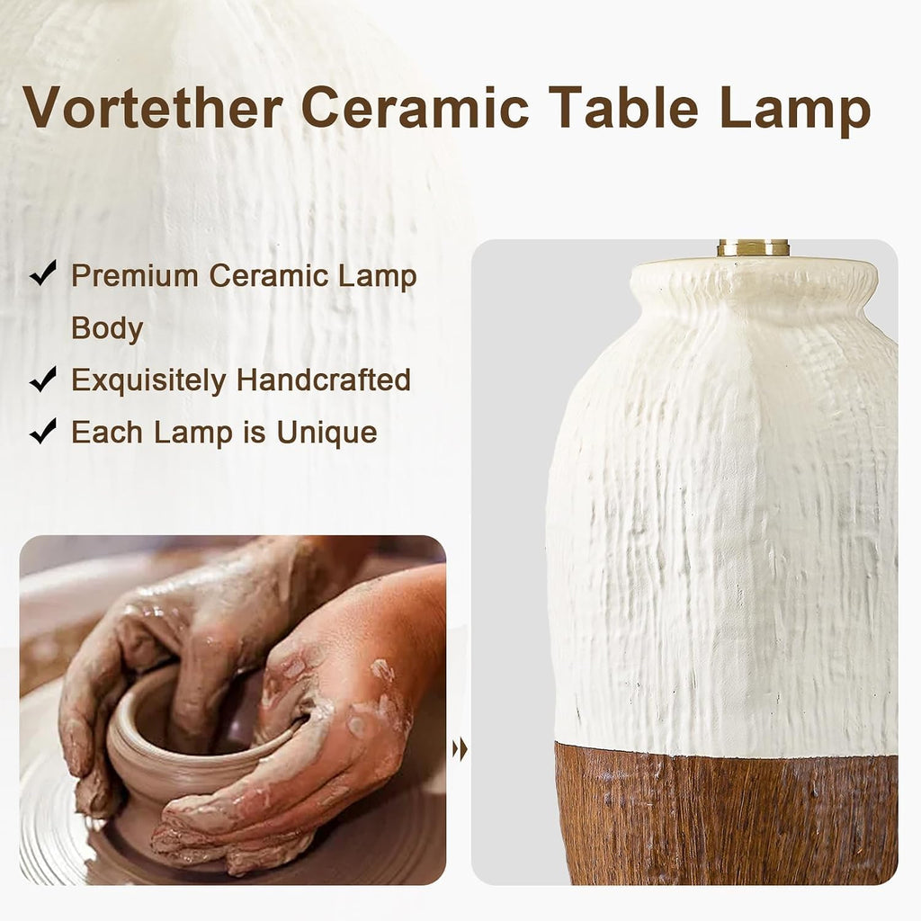 22.5" Hand-Textured Vintage Ceramic Table Lamp, Single Rustic Farmhouse Bedside Lamp with Linen Shade, Boho Lamp for Bedroom Living Room…