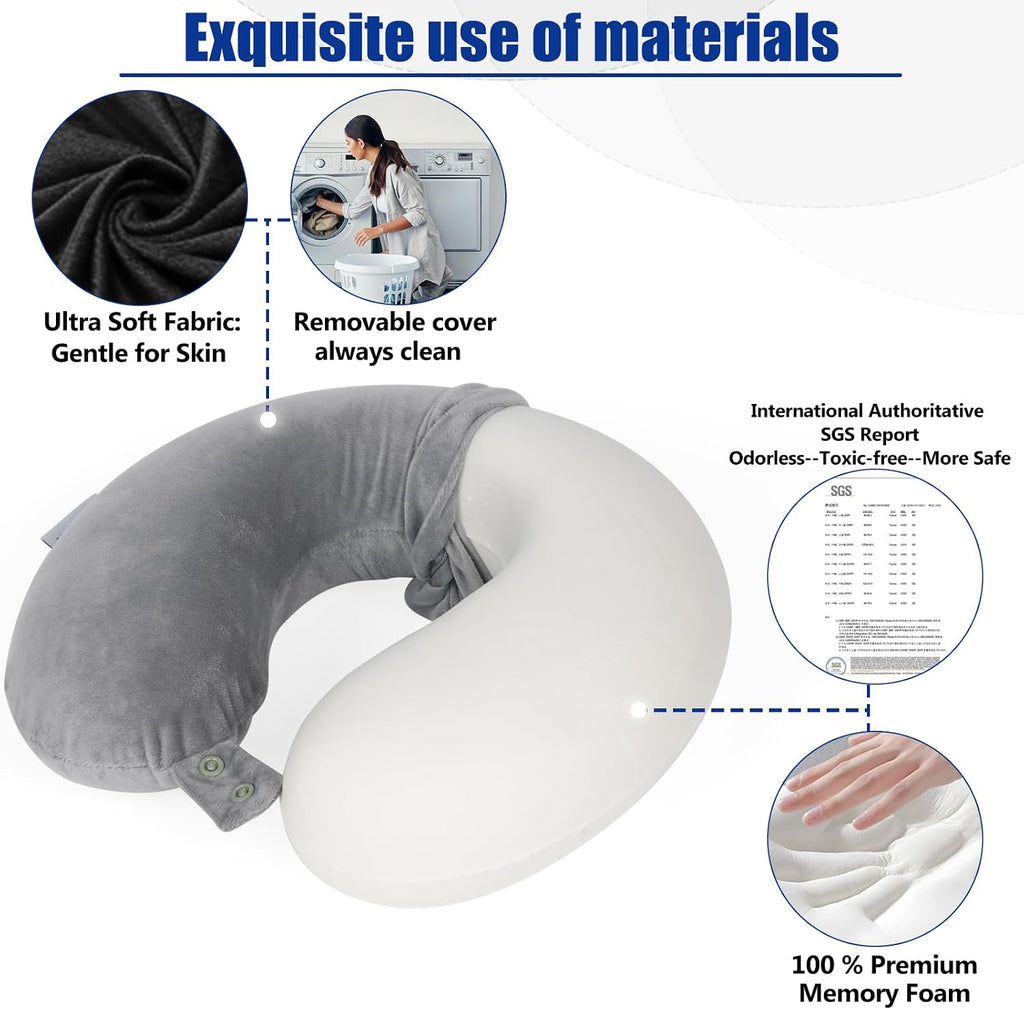 Saireider Travel Pillows for Sleeping Airplane 100% Pure Memory Foam Neck Pillow for Airplanes Washable Cover with Storage Bag (Grey) 6.3 i…