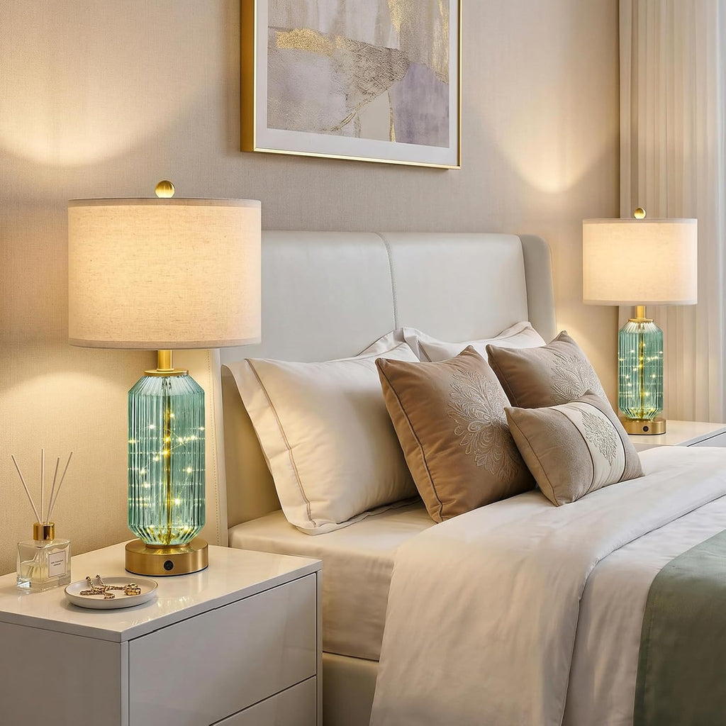Oneach 24.5" Bedside Table Lamps Set of 2, Green Glass Nightstand Lamps with USB A+C Charging Ports and Night Light, Gold Modern Lamps…