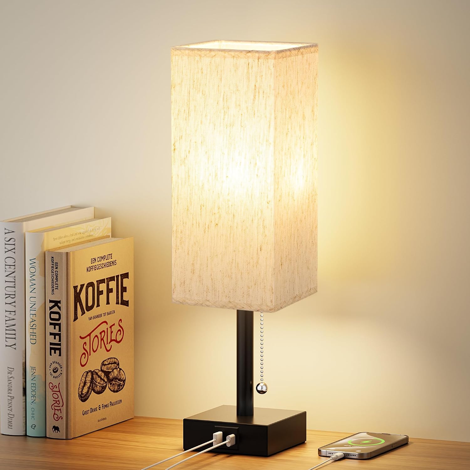Aooshine Pull Chain Small Table Lamp - 3 Color Temperature Bedside Lamp for Bedroom with USB Port, Minimalist Nightstand Lamp with Black Ba…