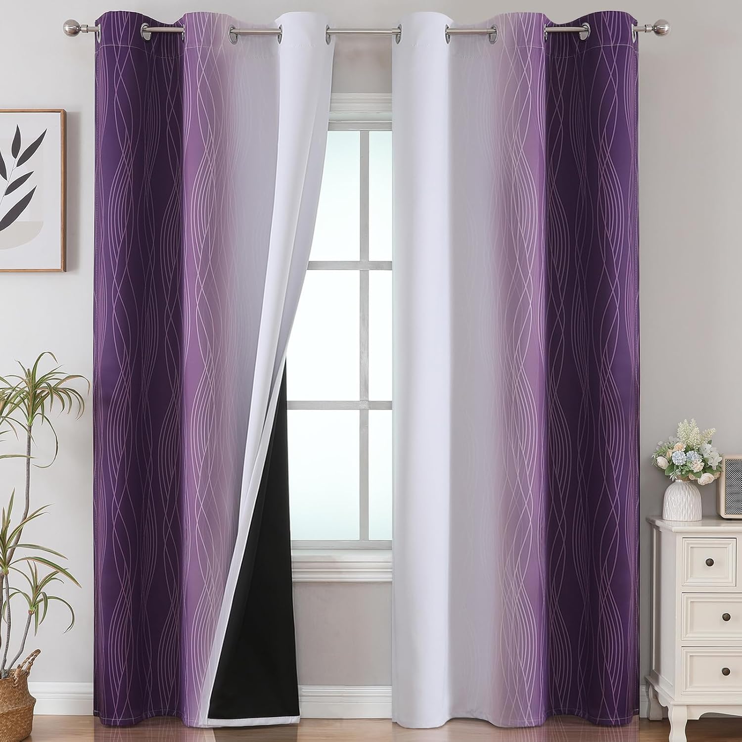 Estelartextiler Estelar Textiler Purple and Greyish White Room Darkening Blackout Curtains 84 Inches Long for Living Room, Thermal Insulate…