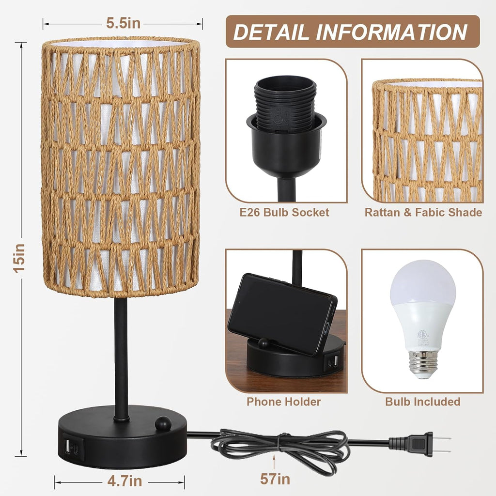 Touch Table Lamp Set of 2 For Bedroom with Bulb, Boho Small Desk Lamp For Living Room With Rattan & Linen Shade, 3 Way Dimmable Bedside…