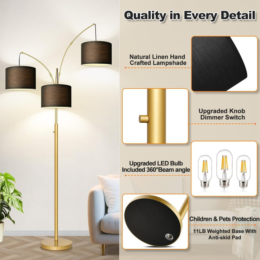 Dimmable Floor Lamp - 3 Lights Gold Arc Floor Lamps for Living Room, 1000LM Modern Tall Standing Lamp With Black Shades&Heavy Base, Mid…