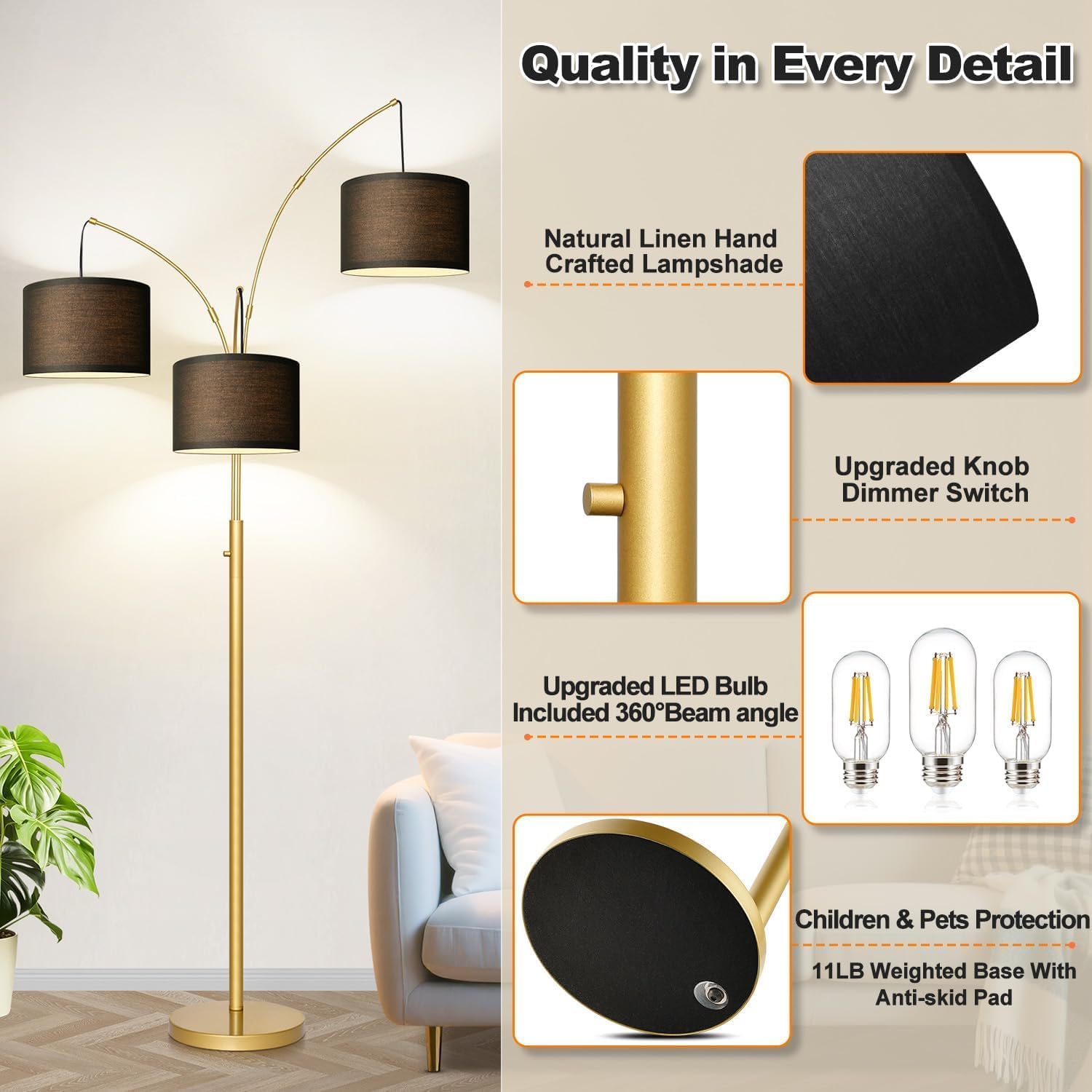 Dimmable Floor Lamp - 3 Lights Gold Arc Floor Lamps for Living Room, 1000LM Modern Tall Standing Lamp With Black Shades&Heavy Base, Mid…