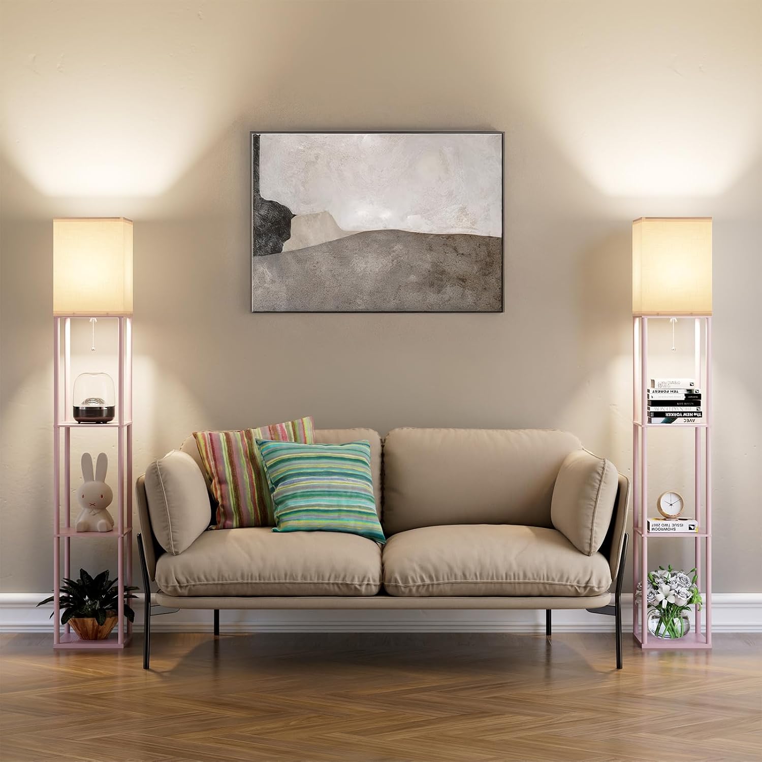 Pink Floor Lamp with Shelves for Living Room, Shelf Floor Lamp with 3 CCT LED Bulb, Corner Display Standing Column Lamp Etagere Organizer…