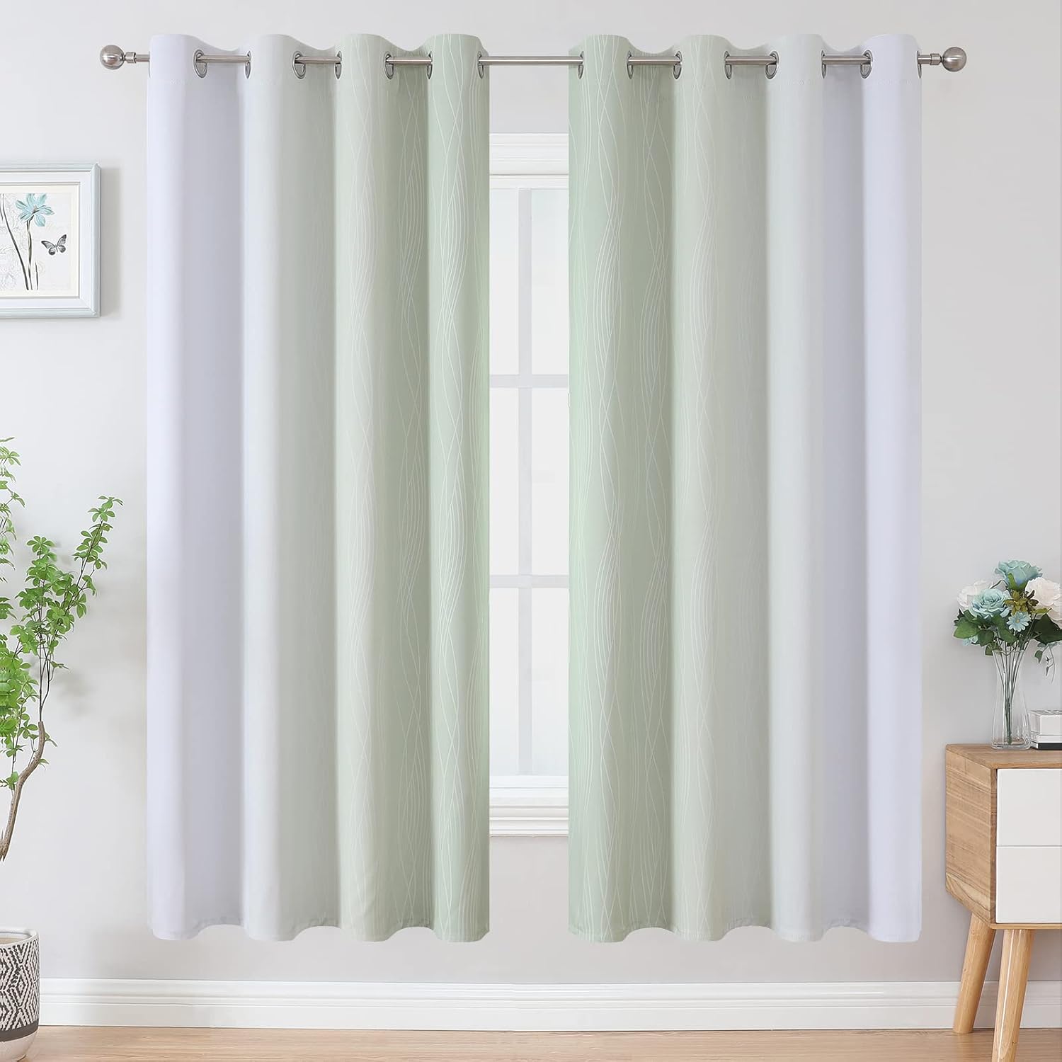 Estelartextiler Estelar Textiler Sage Green and Greyish White Blackout Curtains 72 Inch Length 2 Panels Set, Room Darkening Grommet Ombre C…