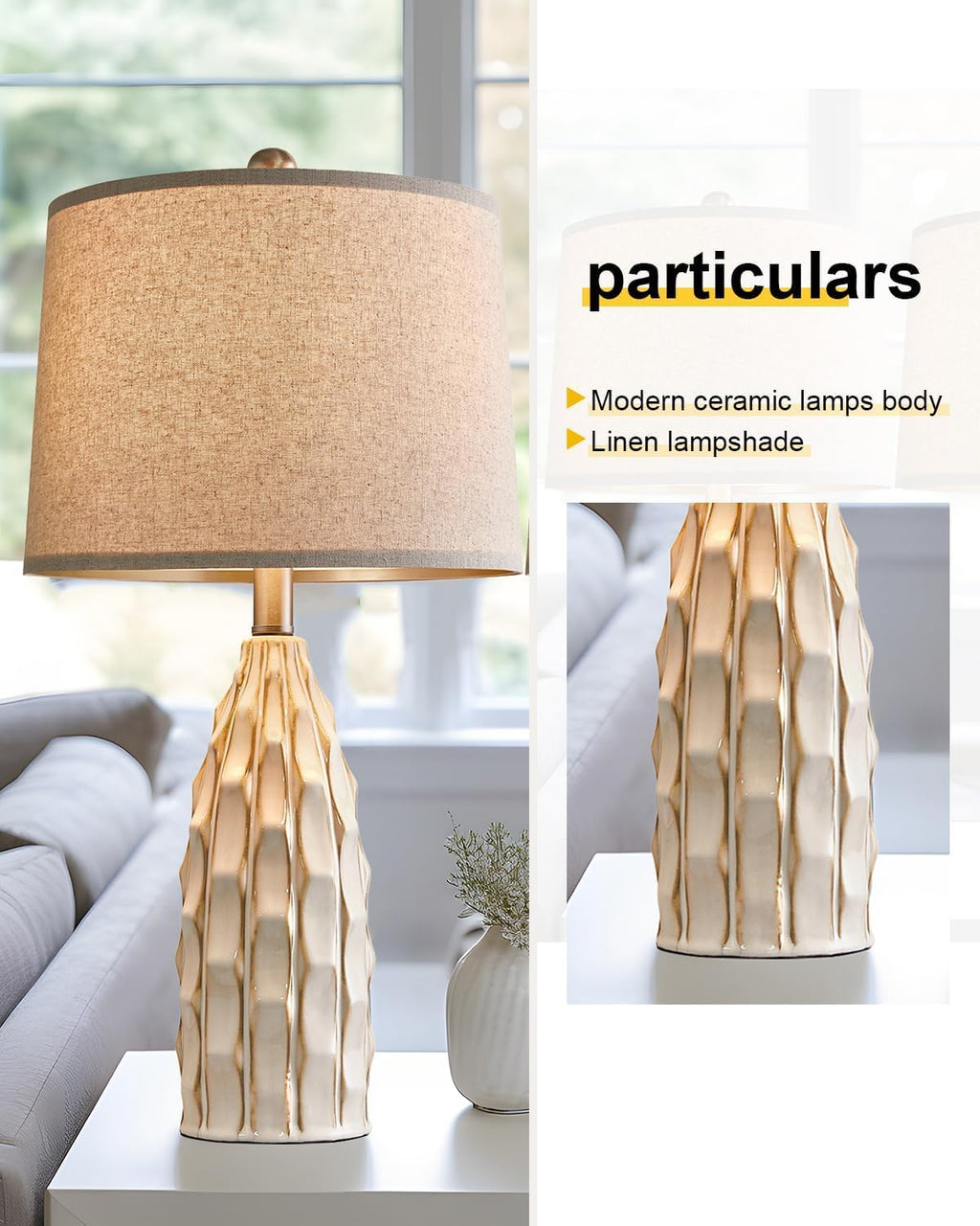 USumkky Ceramic Table Lamps Set of 2, 23.75" Modern Farmhouse Bedside Lamp - Cream Nightstand Lamps for Bedroom, Boho Living Room End…