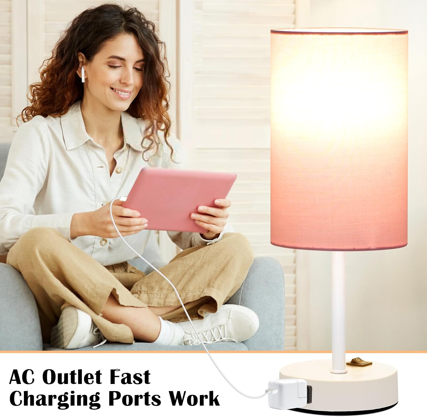 ZJOJO Table Lamp for Bedroom Set of 2, Bedside Small Lamps with 3 Way Dimmable Rocker Switch and AC Outlet, Nightstand Desk Lamp with…