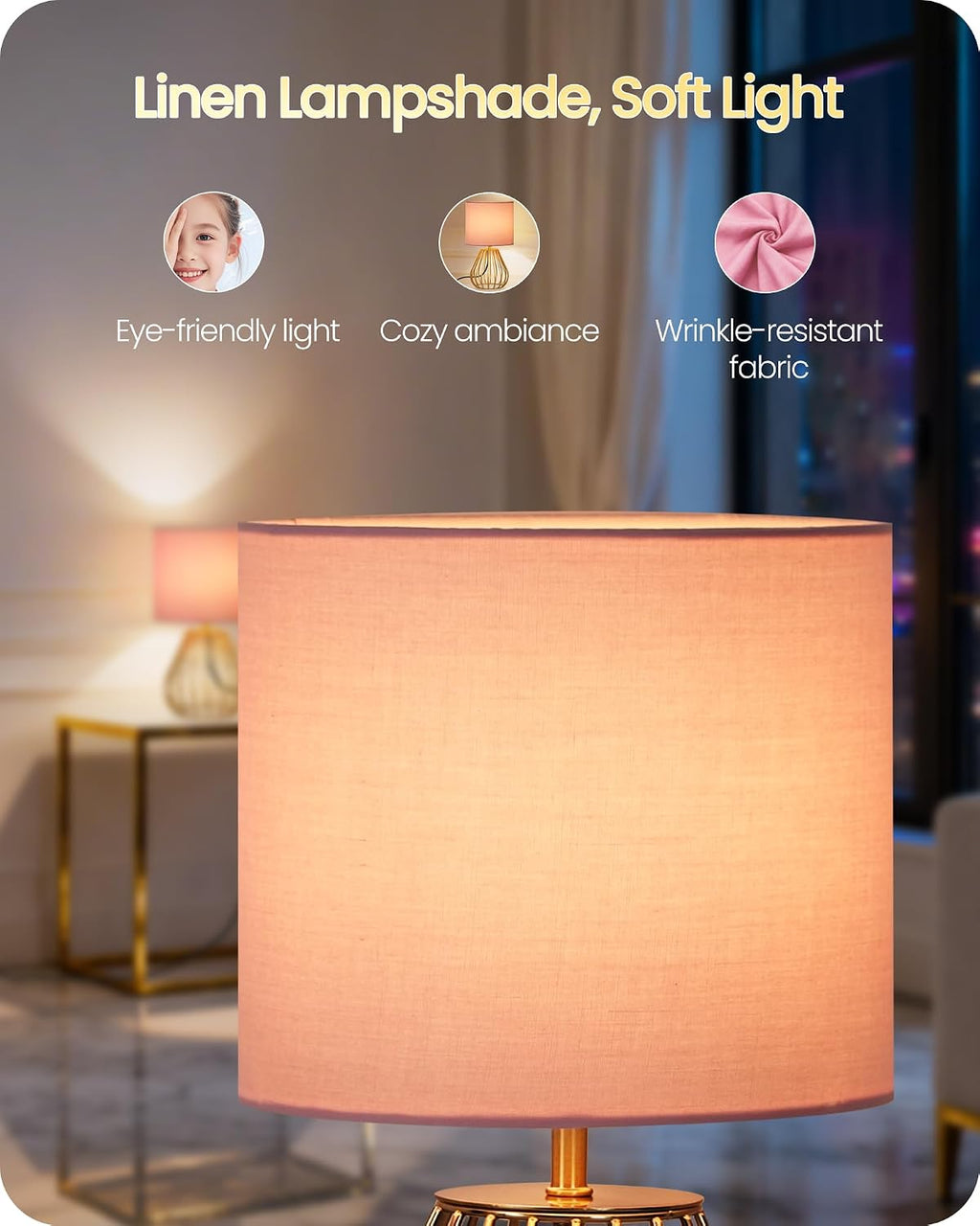 Pink and Gold Table Lamp, Small Bedside Lamp with Metal Base & Pink Linen Lampshade, Modern Nightstand Lamp, Little Cute Desk Lamp for…