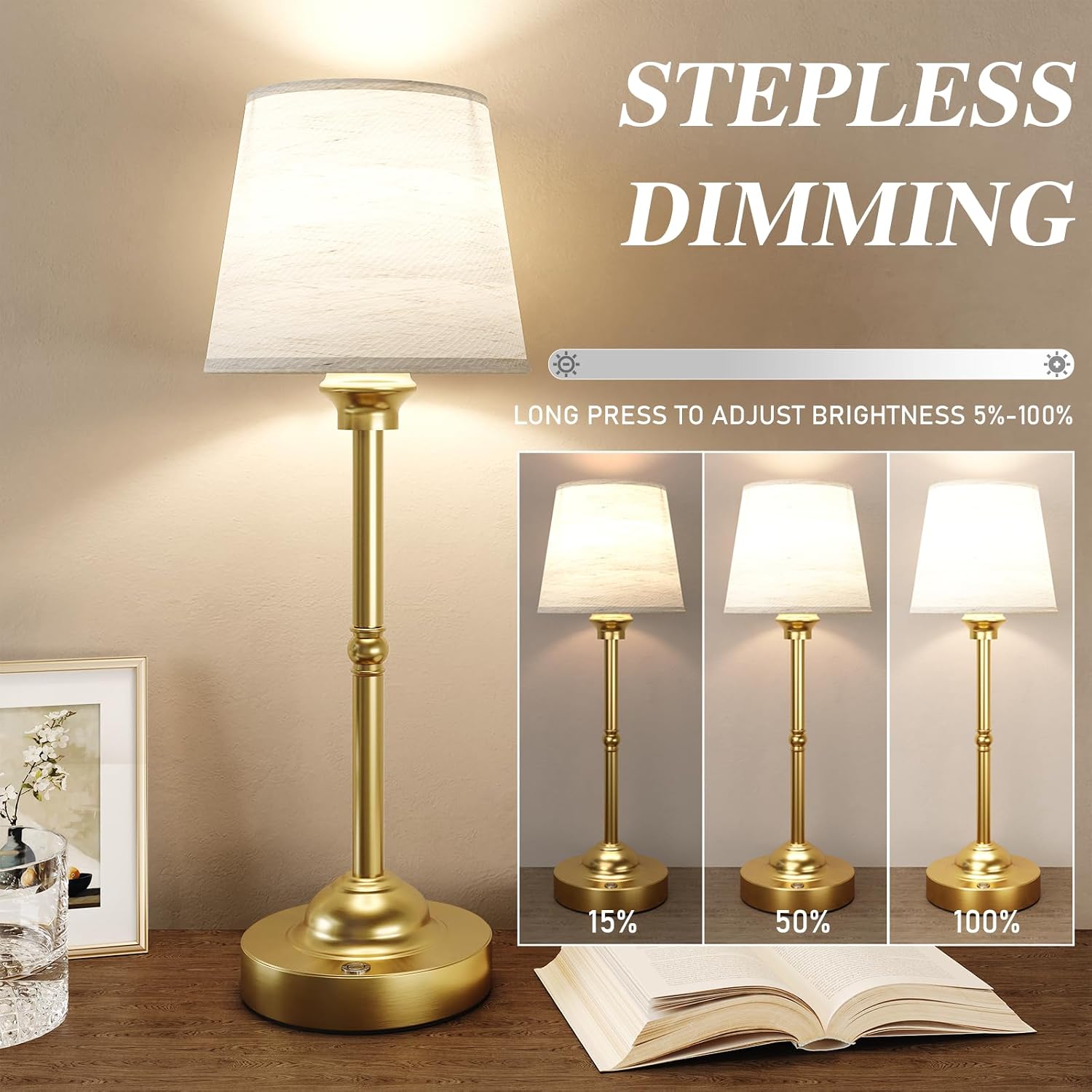 CHLORANTHUS 2 Pack Cordless Table Lamps, 3 Colors Stepless Dimming Fabric Desk Lamp, 6000mAh Rechargeable Battery LED Desk Lamp, Touch…