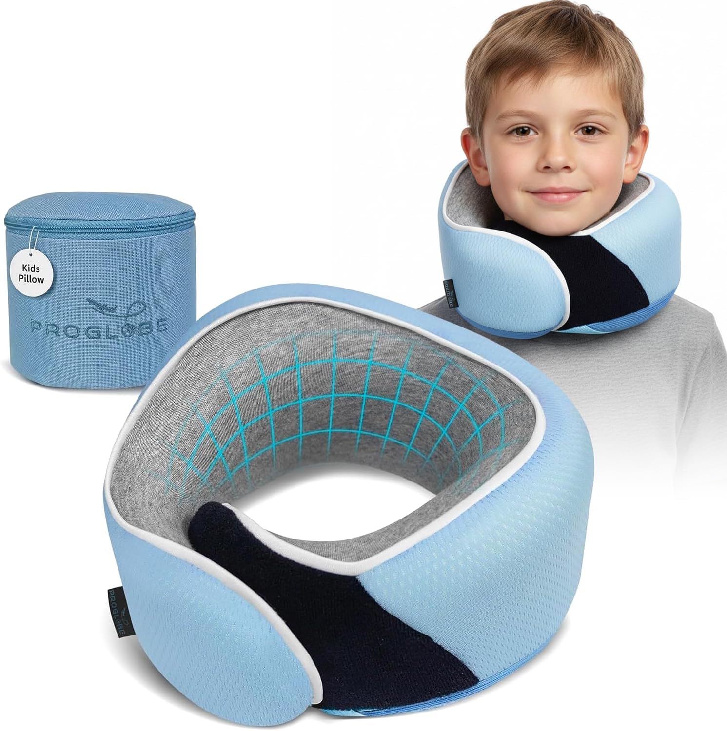 ProGlobe Junior Kids Travel Neck Pillow - Ergonomic Memory Foam Pillow for Airplane, Car, Booster Seat - Soft, Washable, Compact Travel Pil…