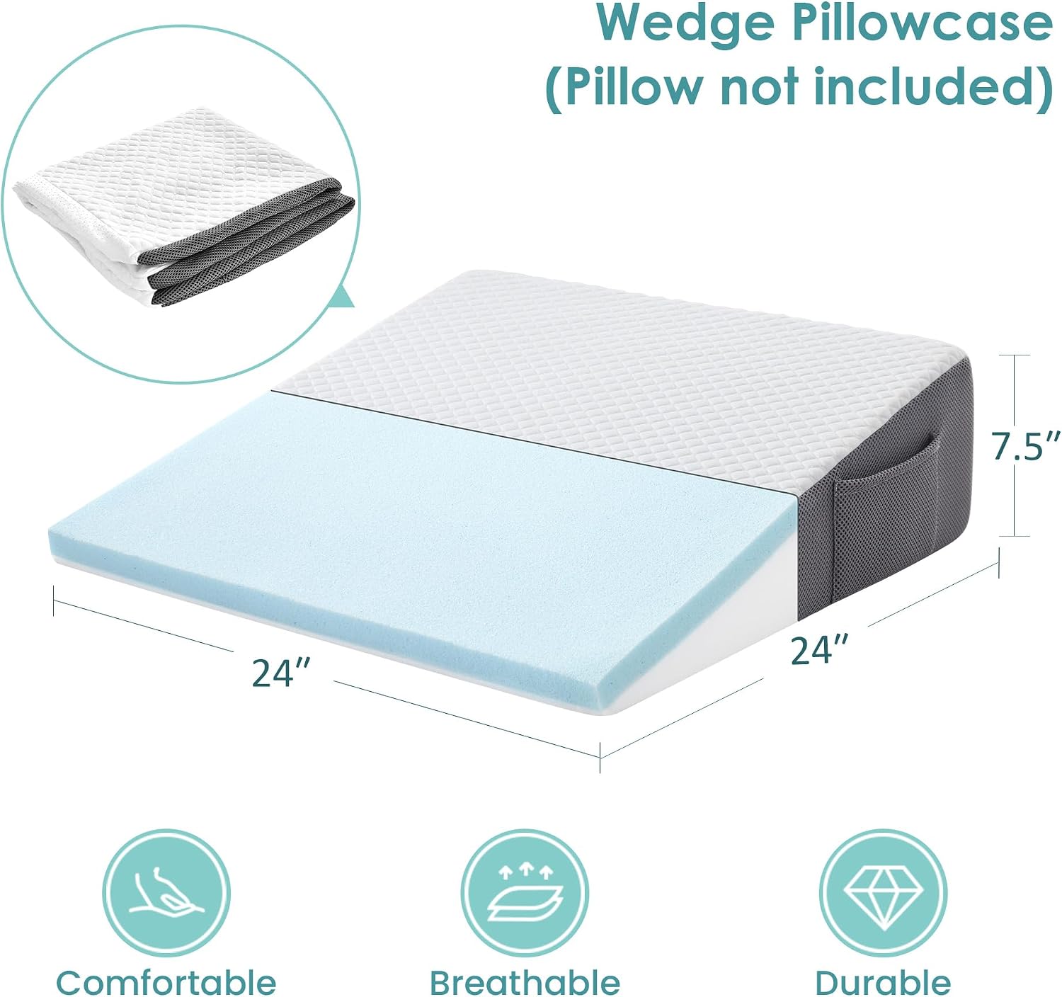 Cozymaker Wedge Pillow Cover Fitted 7.5" Bed Wedge Pillow Case 24" W x 24" x 7.5" H, Soft Machine Washable, Only One Cover 7.5 inch Bamboo