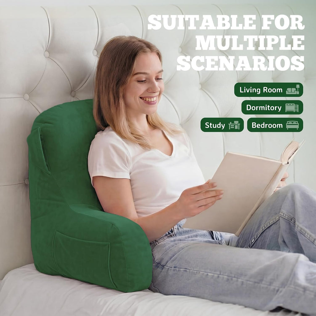 Unisakey Portable Comfy Reading Pillows for Bed Sitting Up(Green Oeko-Tex), Velvet Back Pillow with Arms & Pockets for Adults, Support…