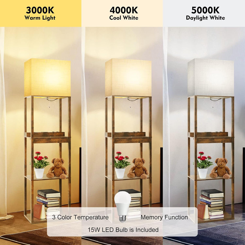 RUNTOP Floor Lamp with Shelves, Plus Shelf Lamp with Wireless Charger, 2 USB Port and Outlet, 1 Drawer, 15W LED Bulb, 3 Colors, Memory…